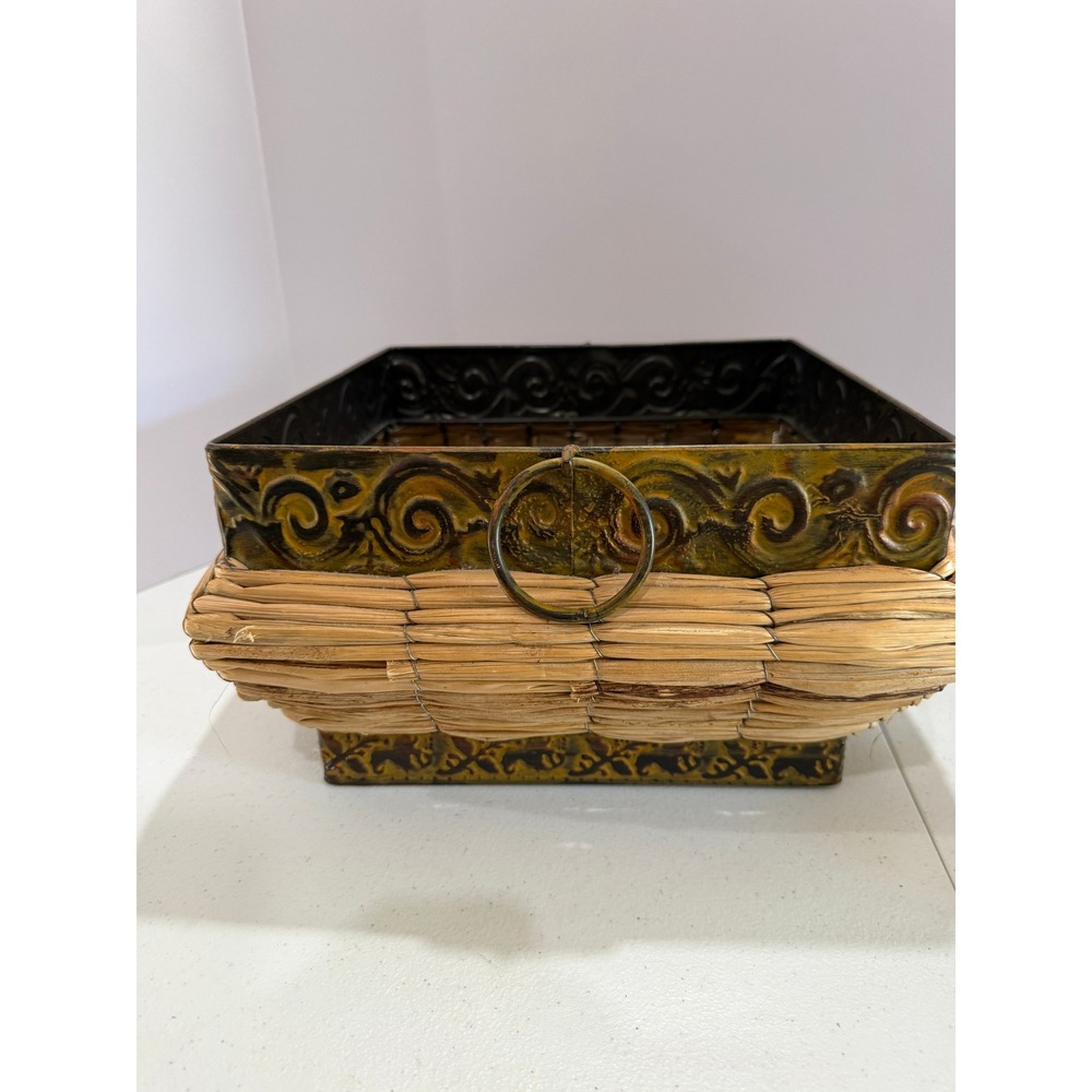 Vintage Metal Planter Basket with Woven Rattan Exterior and Ring Handle